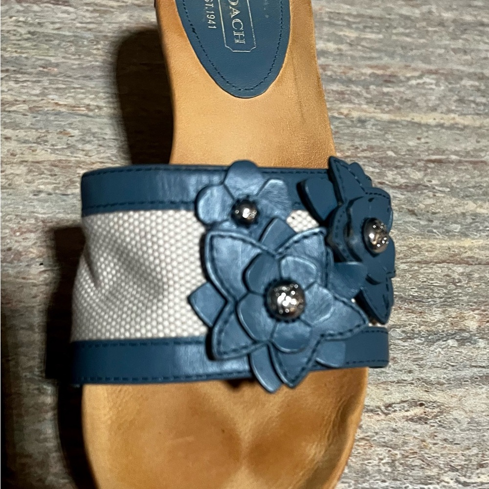 Coach JESACA Blue and Beige Wedge Sandals with Fliral Accents - Picture 8 of 16